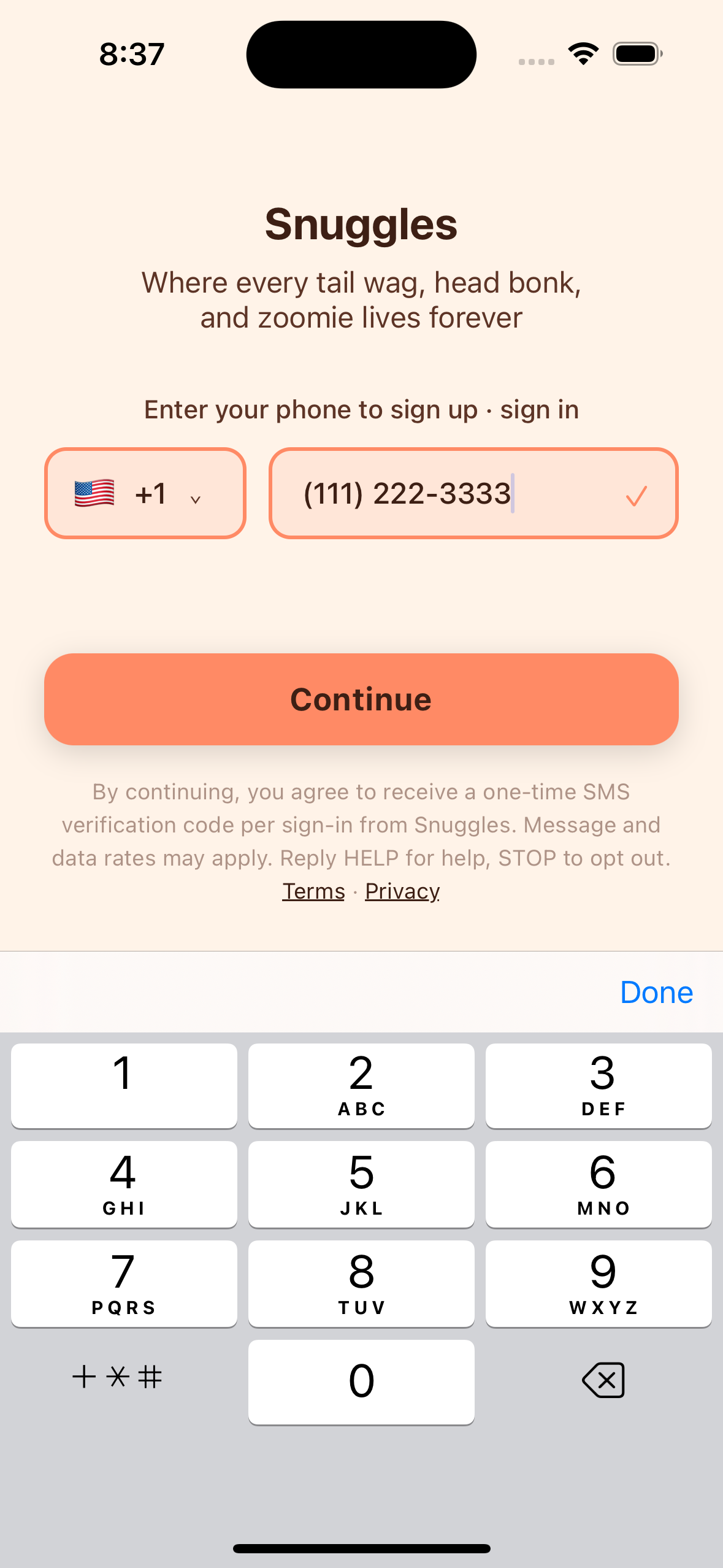 Snuggles sign-in screen with phone-number entry, Continue button, and SMS consent disclosure.