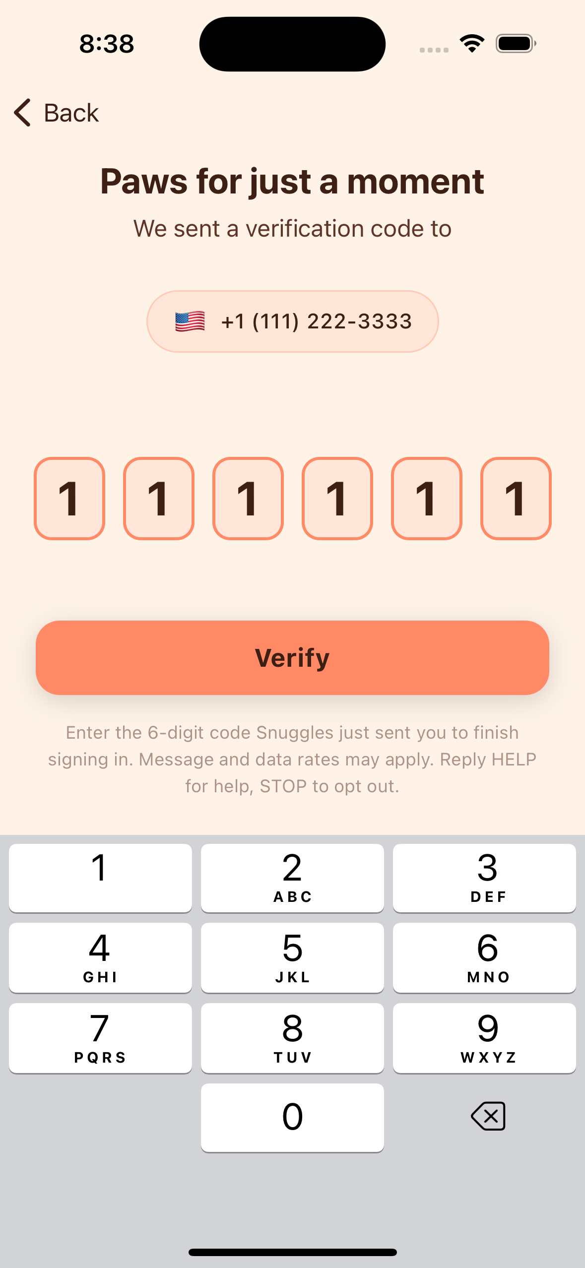 Snuggles verification screen with 6-digit code entry field, Verify button, and disclosure repeating fee/HELP/STOP language.